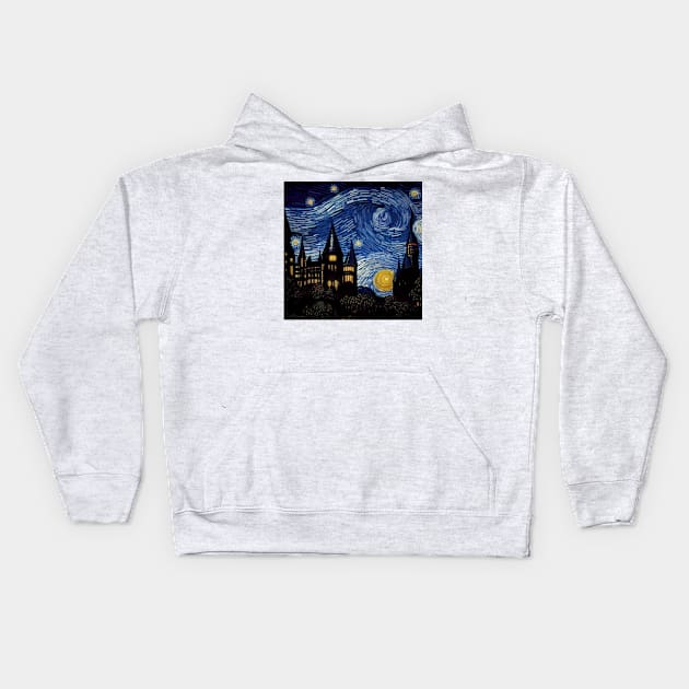 Starry Night Wizarding School Van Gogh Kids Hoodie by Grassroots Green